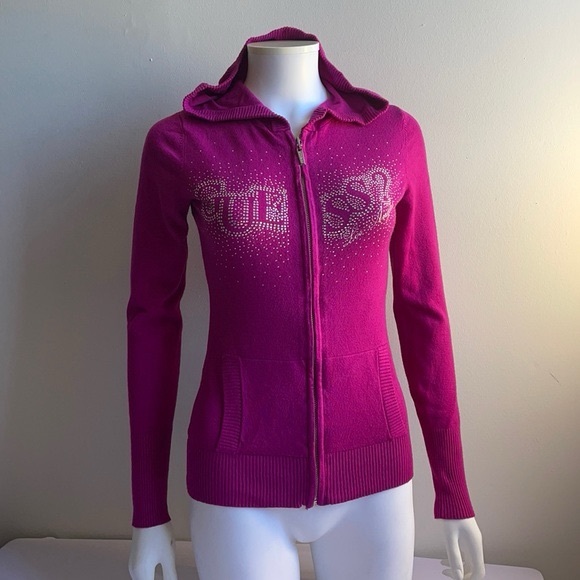 Magenta Pink GUESS Hoodie with Diamonds Small - Picture 1 of 9